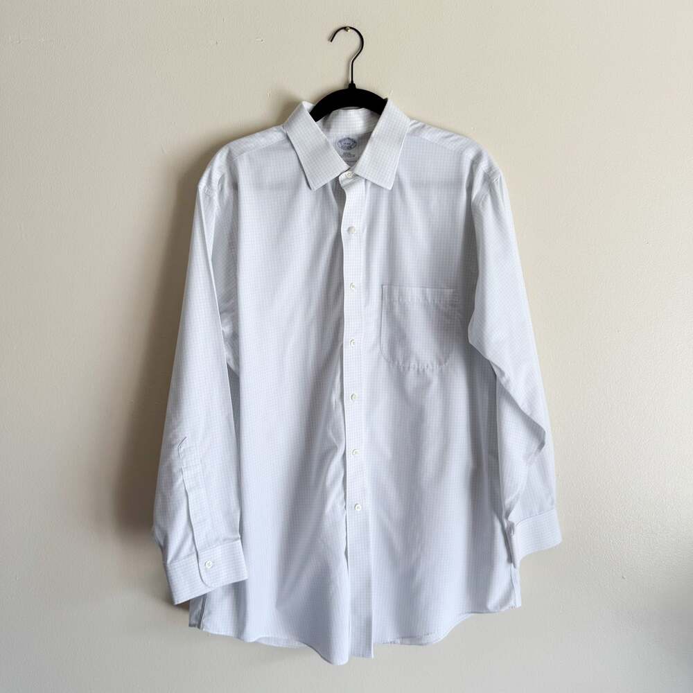 Brooks Brothers White + Blue Plaid Slim Fit Pima Cotton Non-Iron Button Up